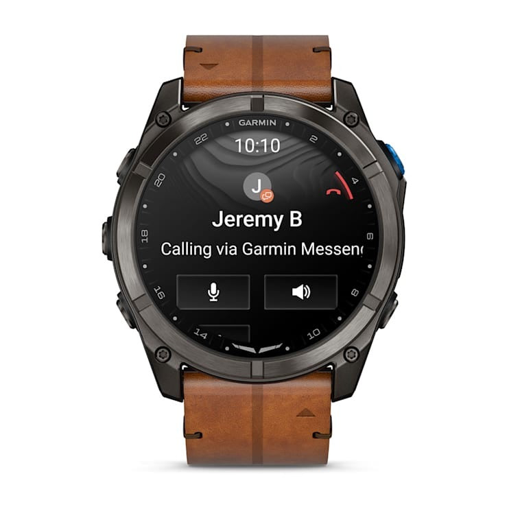 Garmin D2 Mach 2 Pro smart watch with carbon gray DLC titanium case and chestnut leather band