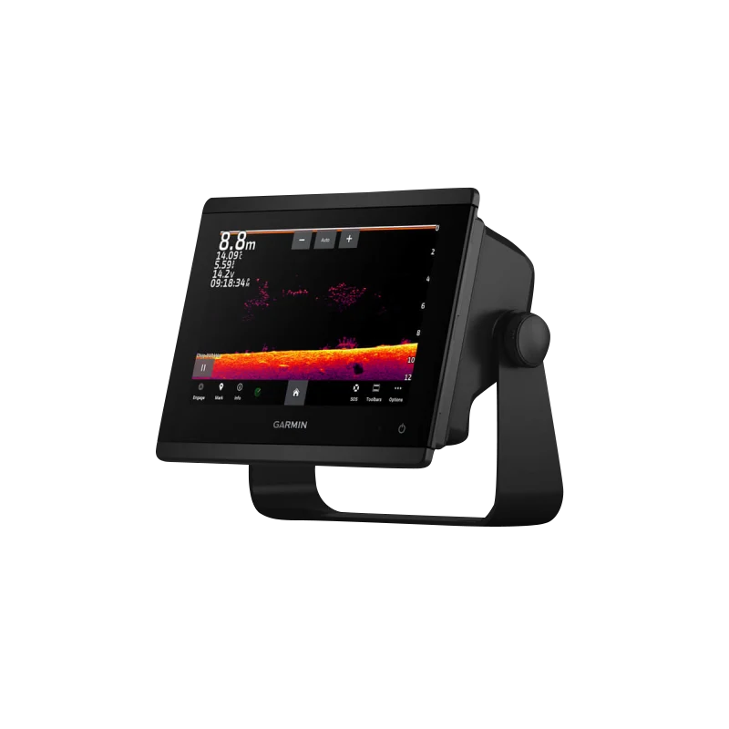 Garmin GPSMAP 743xsv marine chartplotter on mounting bracket, black finish with SideVü/CHIRP sonar display