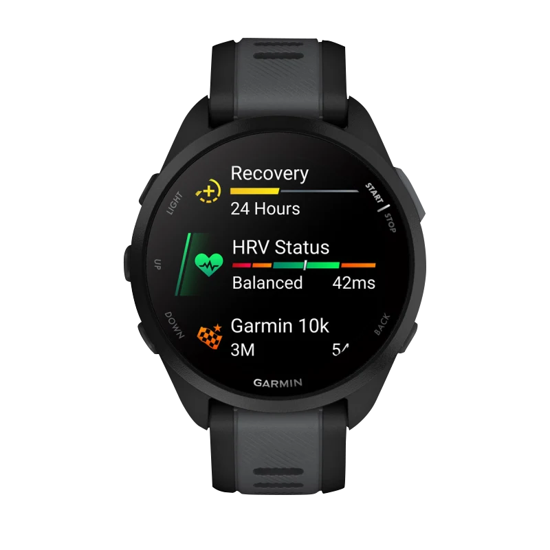 Garmin Forerunner 165 smartwatch, black body with slate gray strap (010-02863-20)
