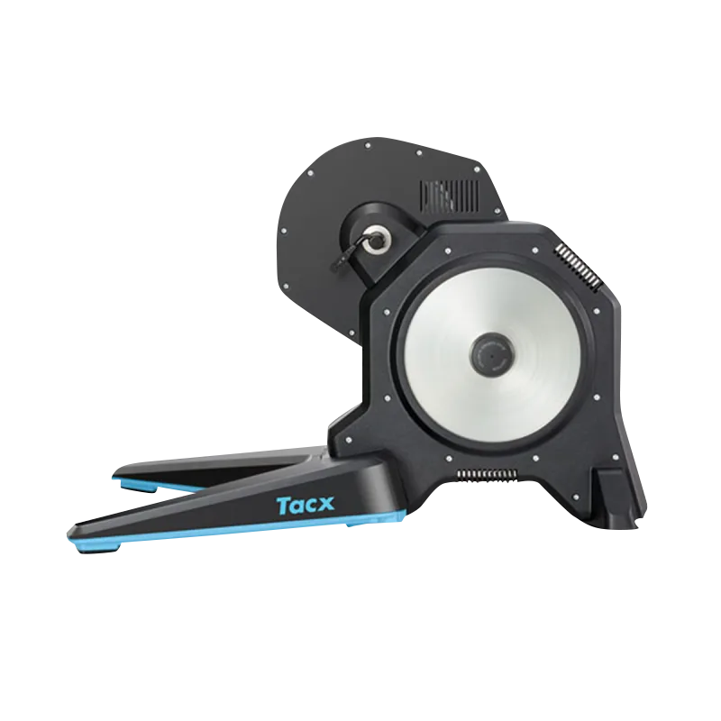 Tacx Flux S Smart Trainer by Garmin; magnetic bicycle trainer with black body and blue accents.