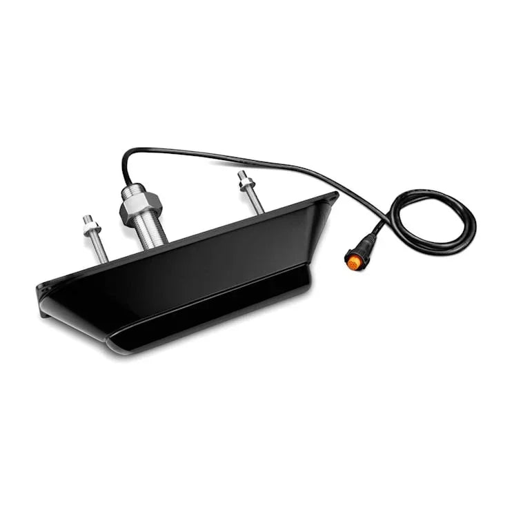 Garmin GT30-TH fish finder transducer; black housing with mounting bolts and orange connector