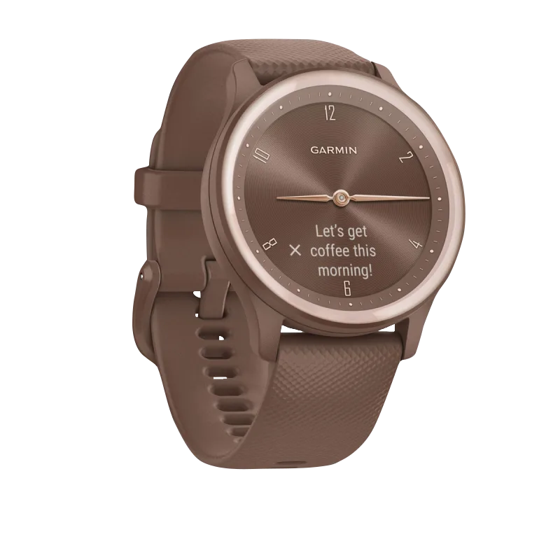 Garmin Vivomove Sport Cocoa Smartwatch with peach-gold accents, certified refurbished