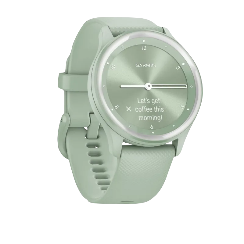 Garmin Vívomove Sport mint smartwatch with silicone band and silver accents, refurbished