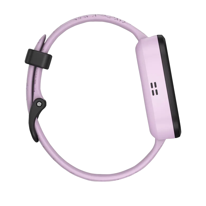 Garmin Bounce Lilac Floral smartwatch with lilac silicone band and black bezel