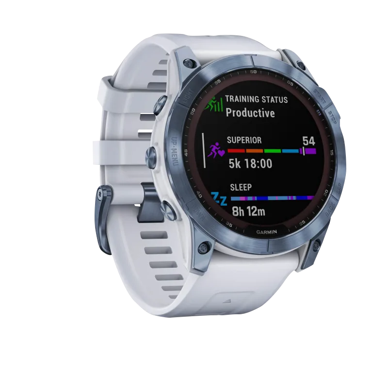 Garmin Fenix 7X Sapphire Solar smartwatch with white Whitestone band and titanium bezel, certified refurbished