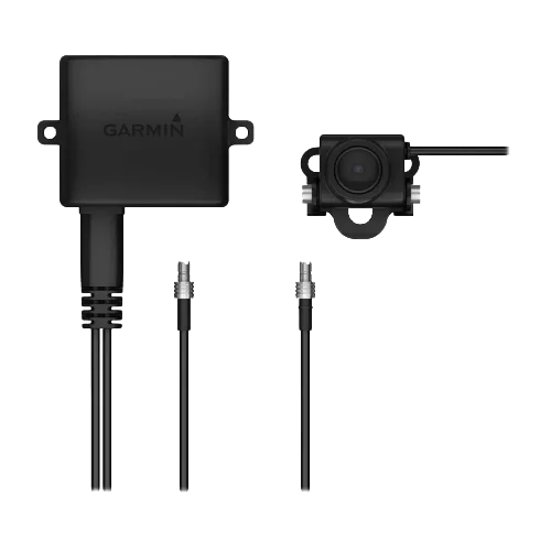 Garmin BC 50 wireless backup camera two-piece kit with license plate mount; black transmitter box and compact camera