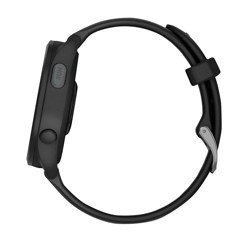 Garmin Forerunner 165 smartwatch, black/slate-gray case and band, side view