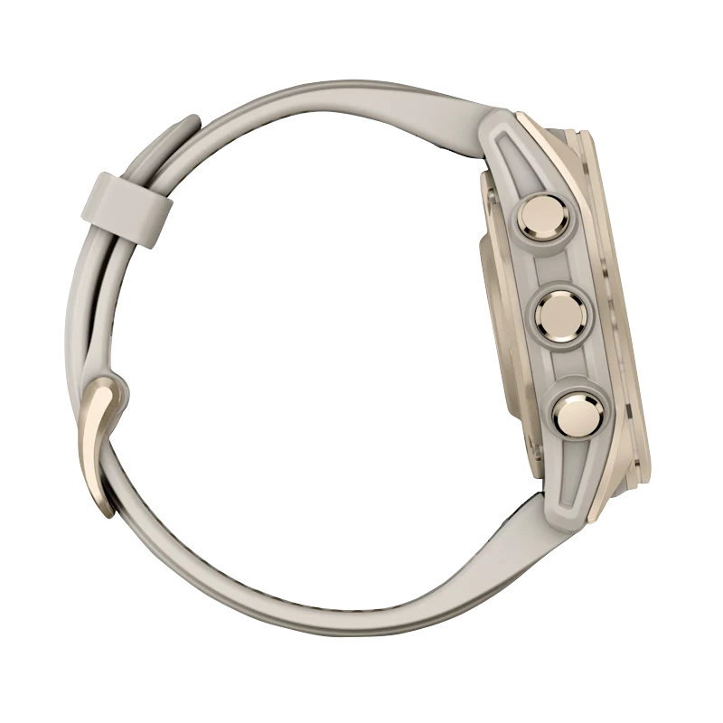 Garmin Fenix 8, 43 mm AMOLED Sapphire, Soft Gold with Fog Gray/Dark Sandstone Silicone Band (010-02903-10) by Garmin