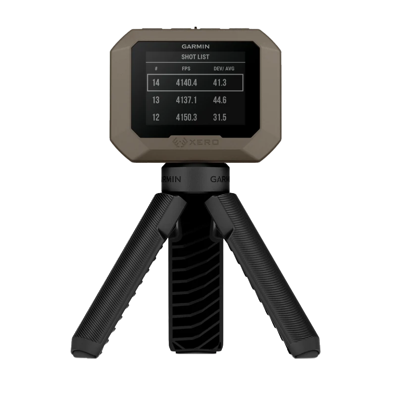 Garmin Xero C1 Pro tan firearm and archery chronograph on a tripod