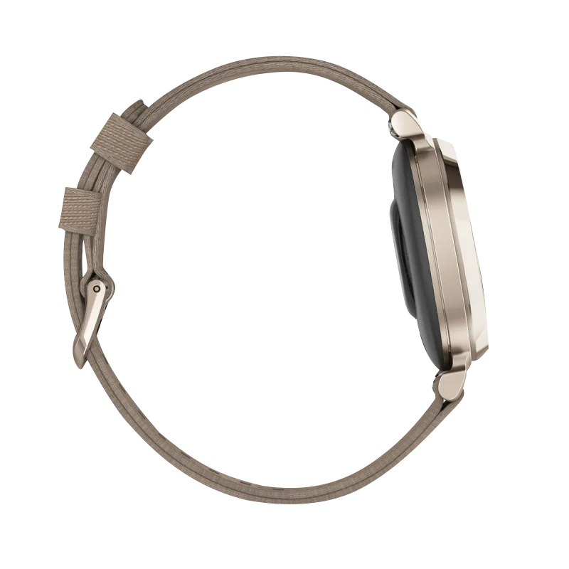 Garmin Lily 2 Classic smartwatch in cream gold with coffee nylon band, certified refurbished