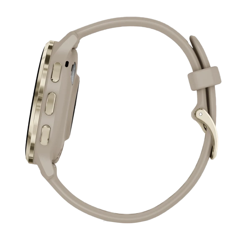 Garmin Venu 3S smart watch, 41 mm soft gold bezel with French gray case and beige silicone band