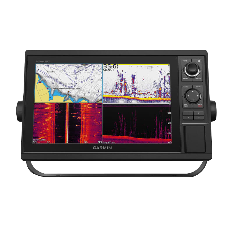 Black Garmin GPSMAP 1242xsv marine chartplotter with GT52HW-TM transducer
