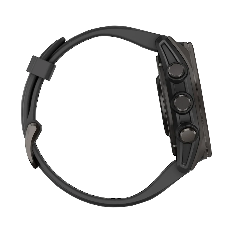 Garmin Fenix 8 smartwatch with AMOLED 43mm sapphire carbon gray DLC titanium case and black/pebble gray silicone band.