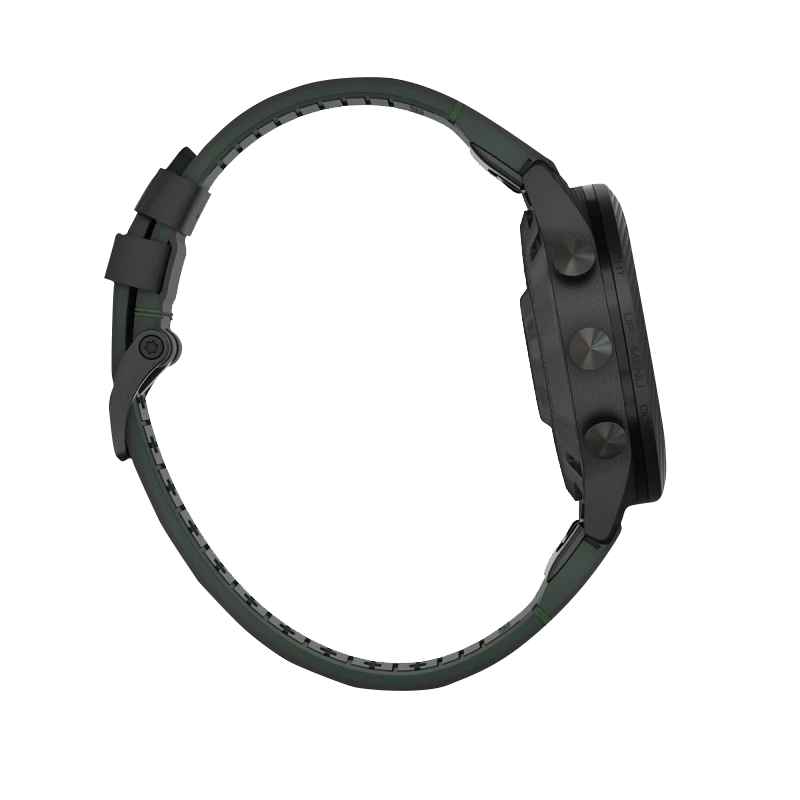 Garmin MARQ Golfer Gen 2 Carbon Edition smartwatch, dark green strap, side view.