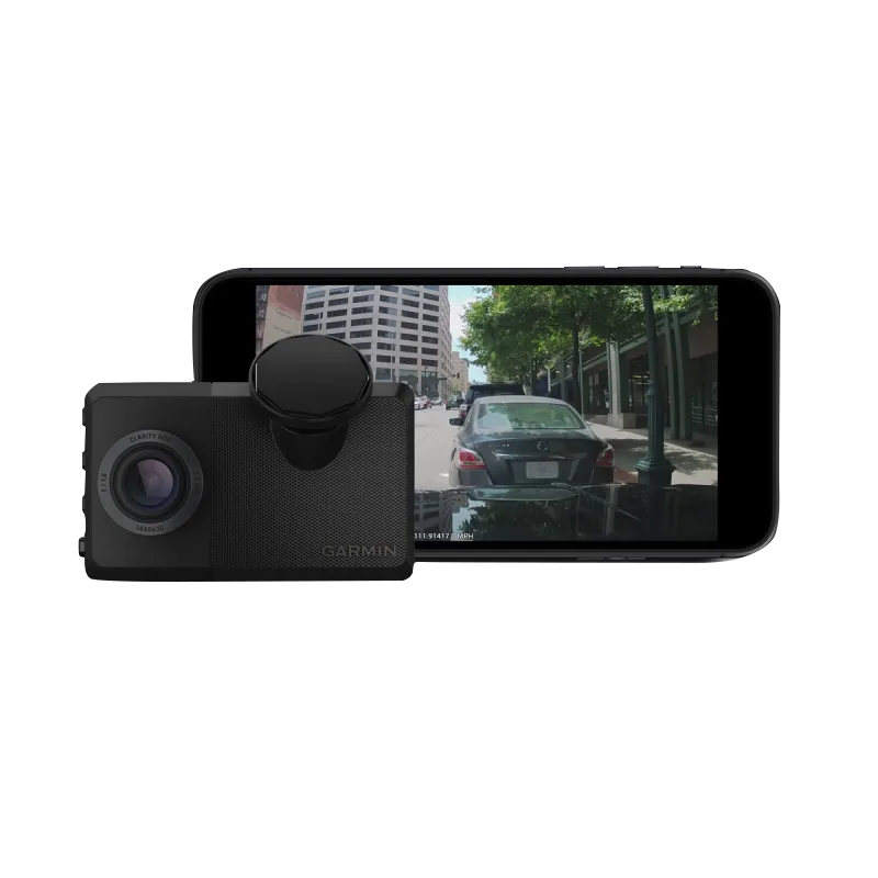 Garmin Dash Cam Live 1440p LTE dash cam with 140-degree FOV, black; two-device setup with display and mount
