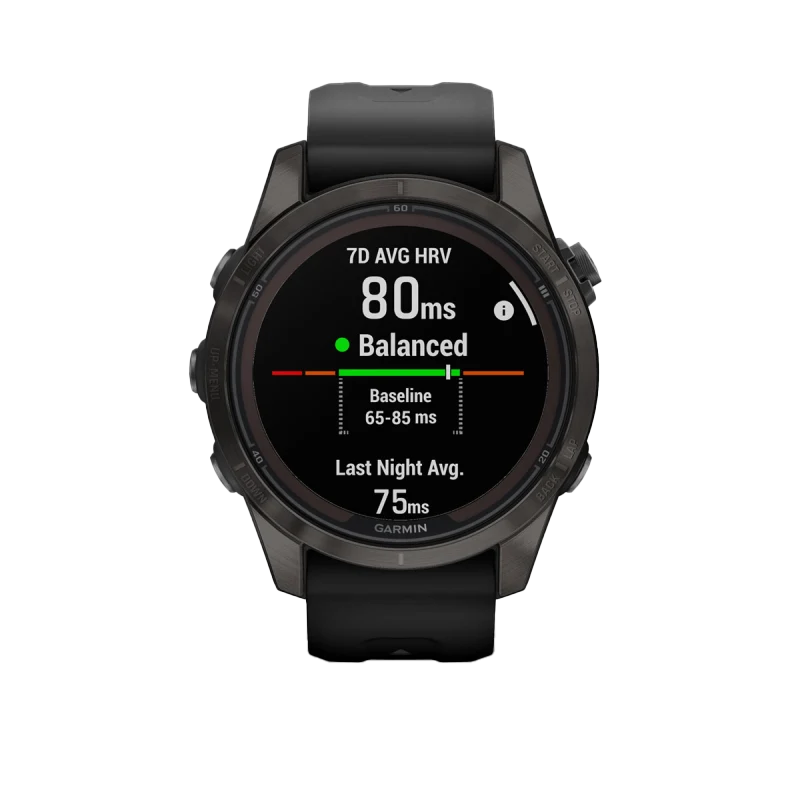 Garmin Fenix 7S Pro Sapphire Solar smartwatch, Carbon Titanium case with black band, certified refurbished