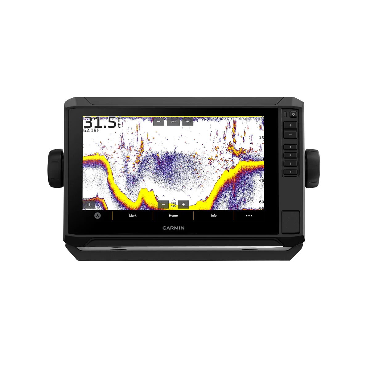 Garmin GPSMAP 8616 marine chartplotter with mapping on black rugged display unit with side knobs and Garmin logo