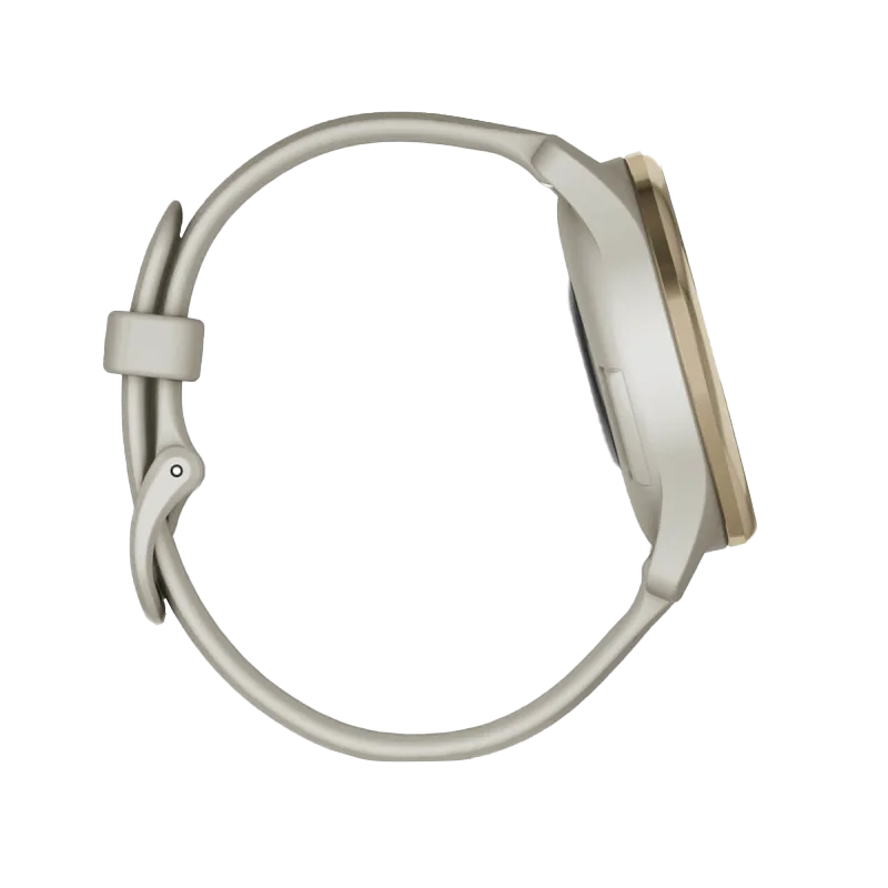 Garmin Vívomove Trend refurbished smartwatch, cream silicone band with gold bezel and French gray case