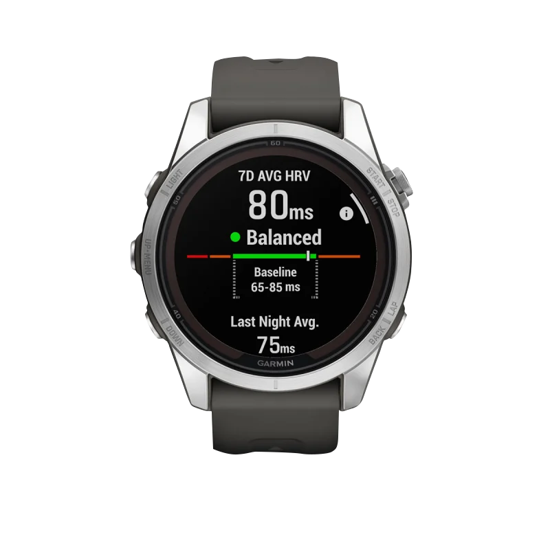 Garmin Fenix 7S Pro Solar smartwatch with silver case and graphite band (010-02776-00)