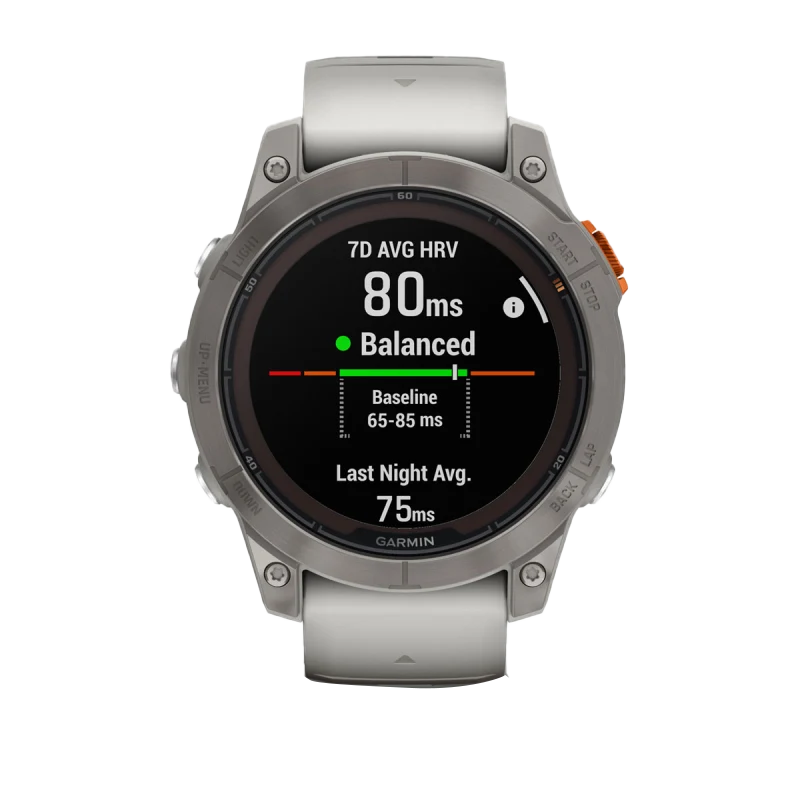 Garmin Fēnix 7 Pro Sapphire Solar smartwatch with titanium case and fog gray/ember orange band