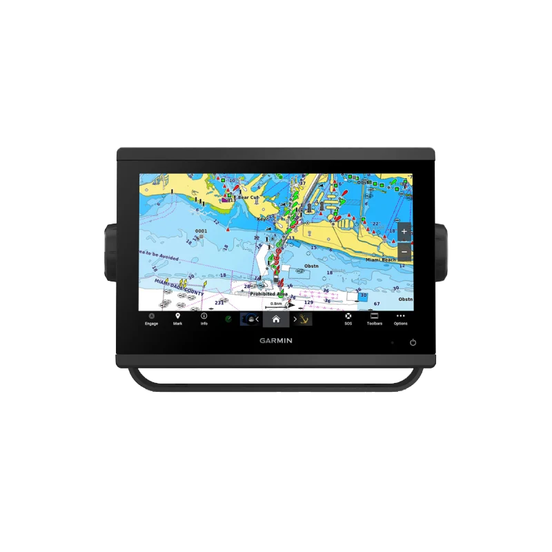 Garmin GPSMAP 923xsv marine chartplotter with GMR 18 HD3 radar dome, black display showing nautical chart