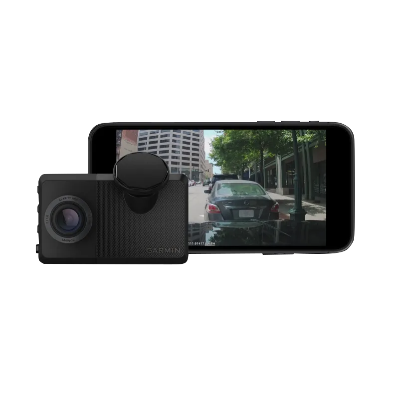 Garmin Dash Cam Live 1440p LTE dash cam, refurbished, black with suction mount and display