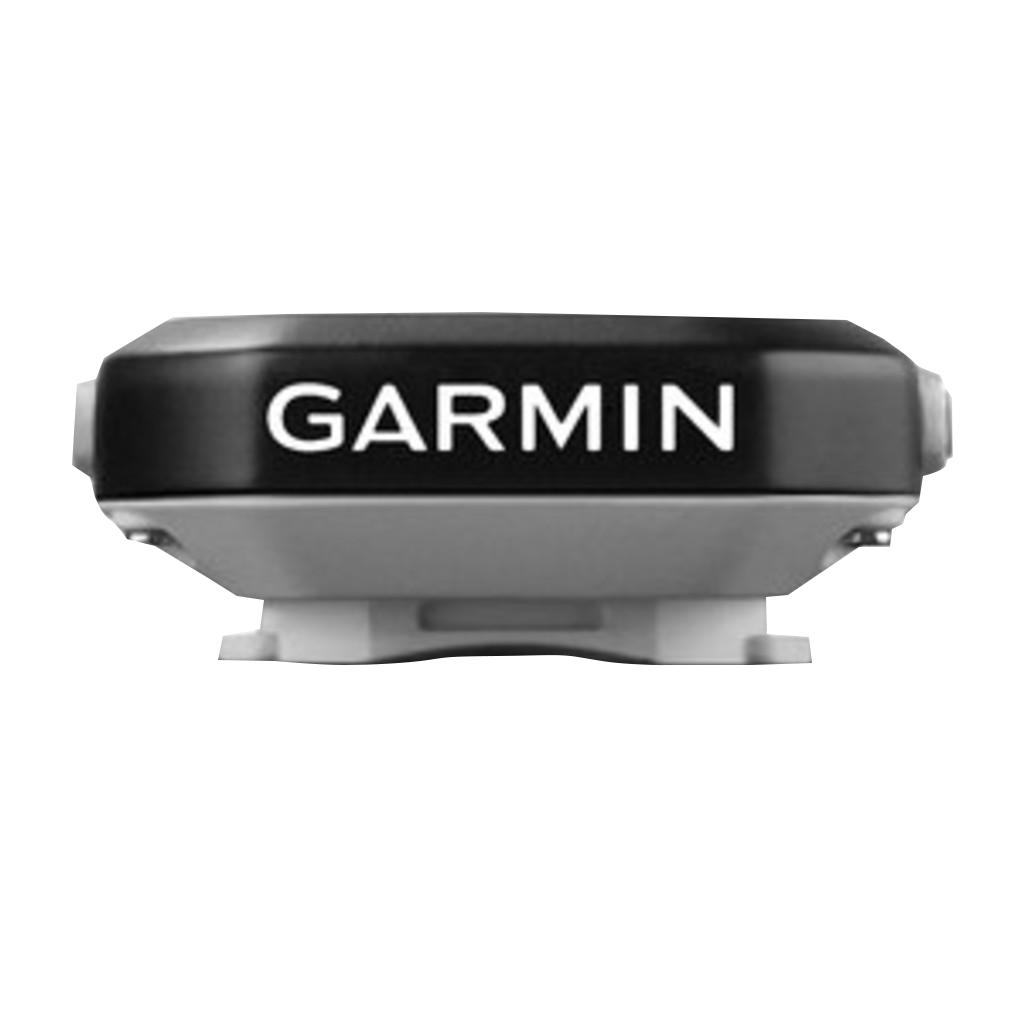 Garmin Edge 25 bike computer on its mount with Garmin logo on the black top