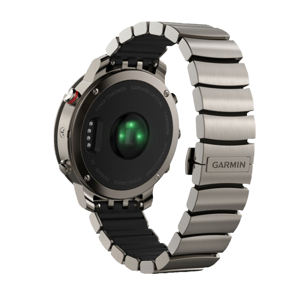 Garmin Fenix Chronos smartwatch with titanium hybrid band, silver tone, back view with green sensor