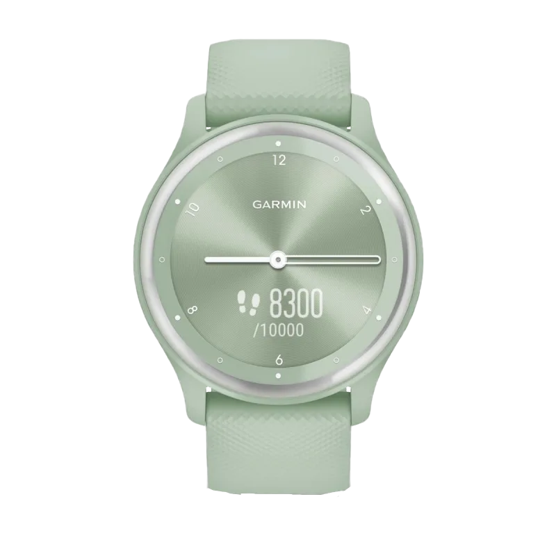 Garmin Vívomove Sport watch with cool mint case and silicone band, silver accents; certified refurbished