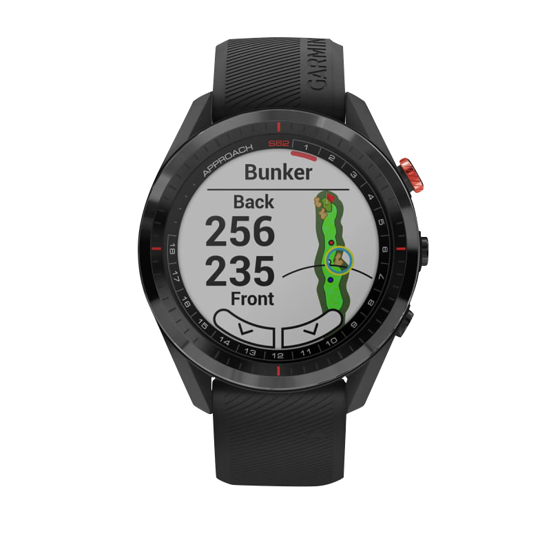 Garmin Approach S62 smartwatch with black ceramic bezel and black silicone band