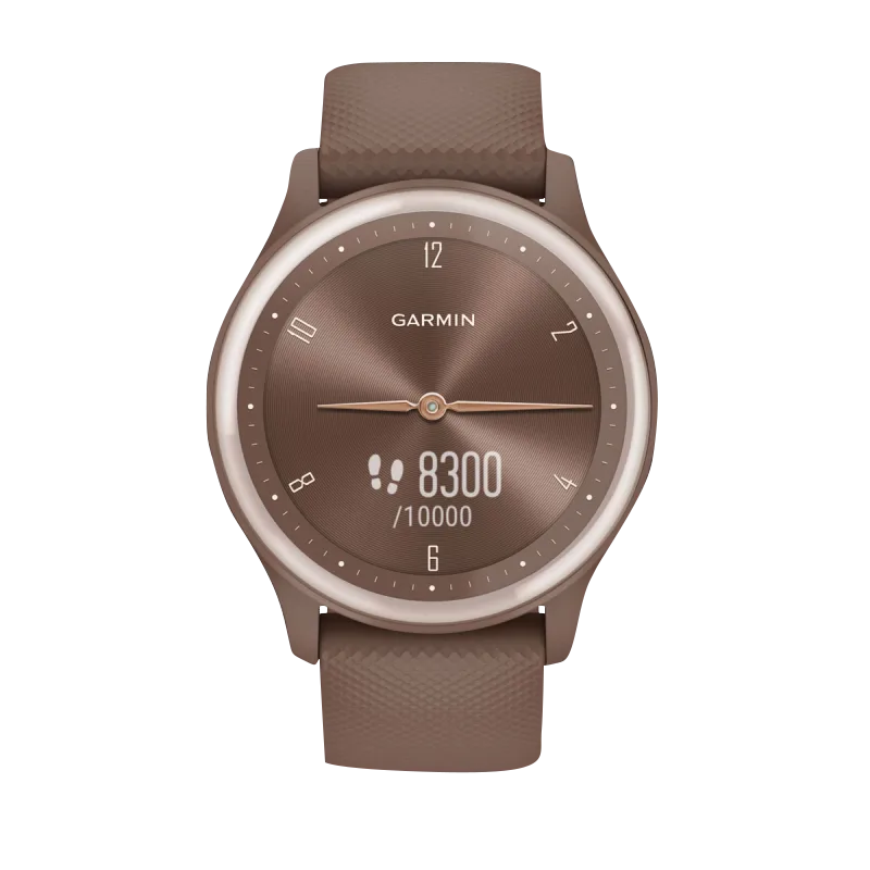 Garmin Vívomove Sport watch, cocoa brown with peach gold accents, certified refurbished