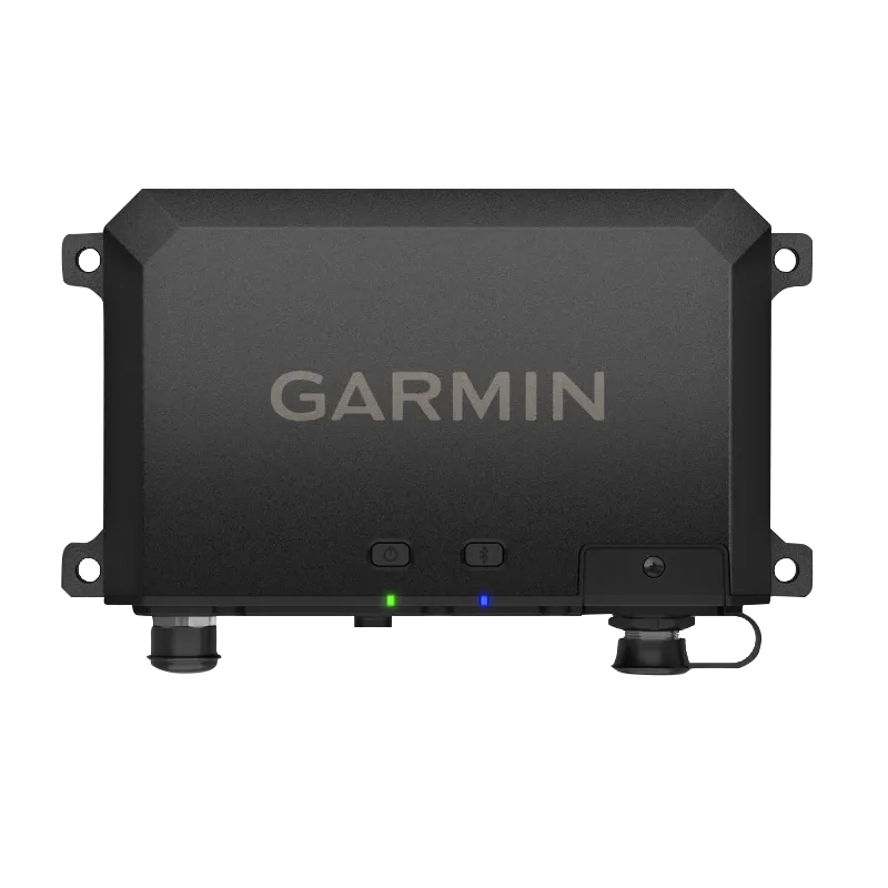 Garmin Tread Audio System box, black enclosure with green and blue LEDs