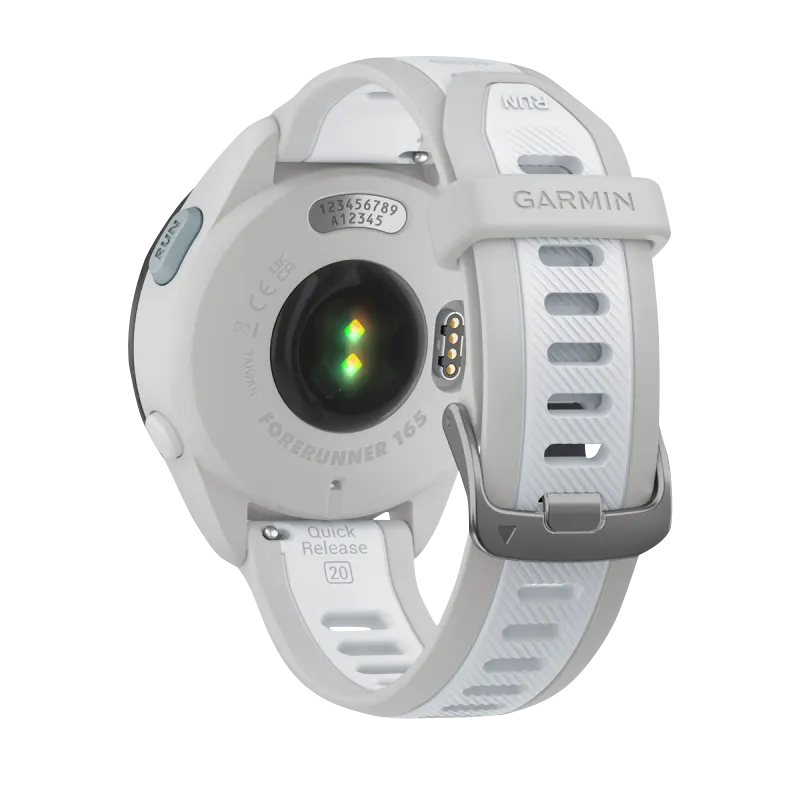 Garmin Forerunner 165 smart watch back view in Mist Gray/Whitestone (010-02863-21) with white strap