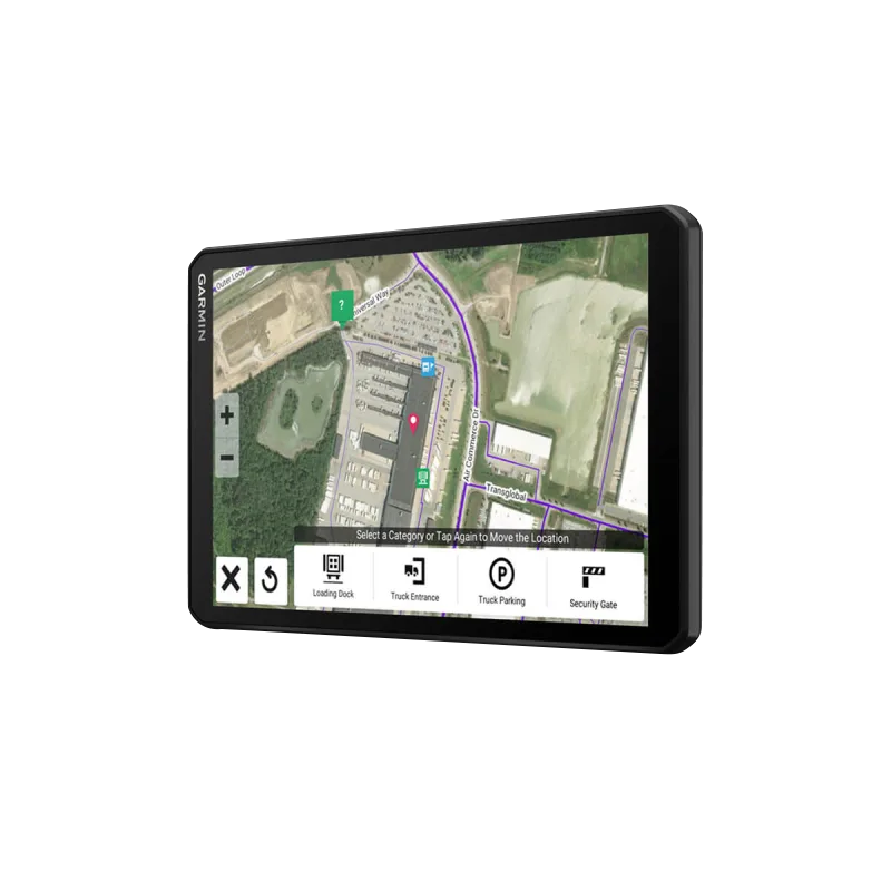Garmin Dezl OTR810 8-inch GPS Truck Navigator, certified refurbished, black navigation device with map view.