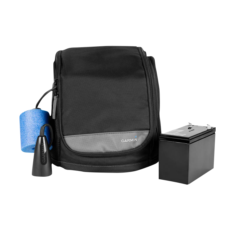 Garmin EchoMap 55cv UHD2 Ice Fishing Bundle four-piece: black carrying bag, blue foam accessory, Garmin transducer, battery