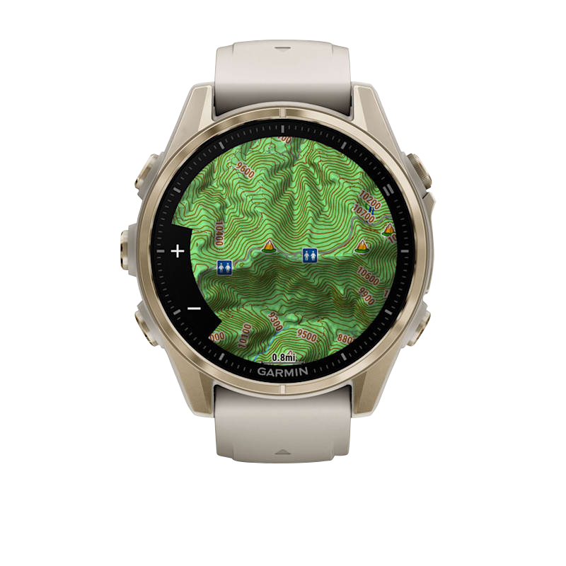 Garmin Fenix 8 smartwatch, 43 mm AMOLED Sapphire, Soft Gold with Fog Gray/Dark Sandstone silicone band