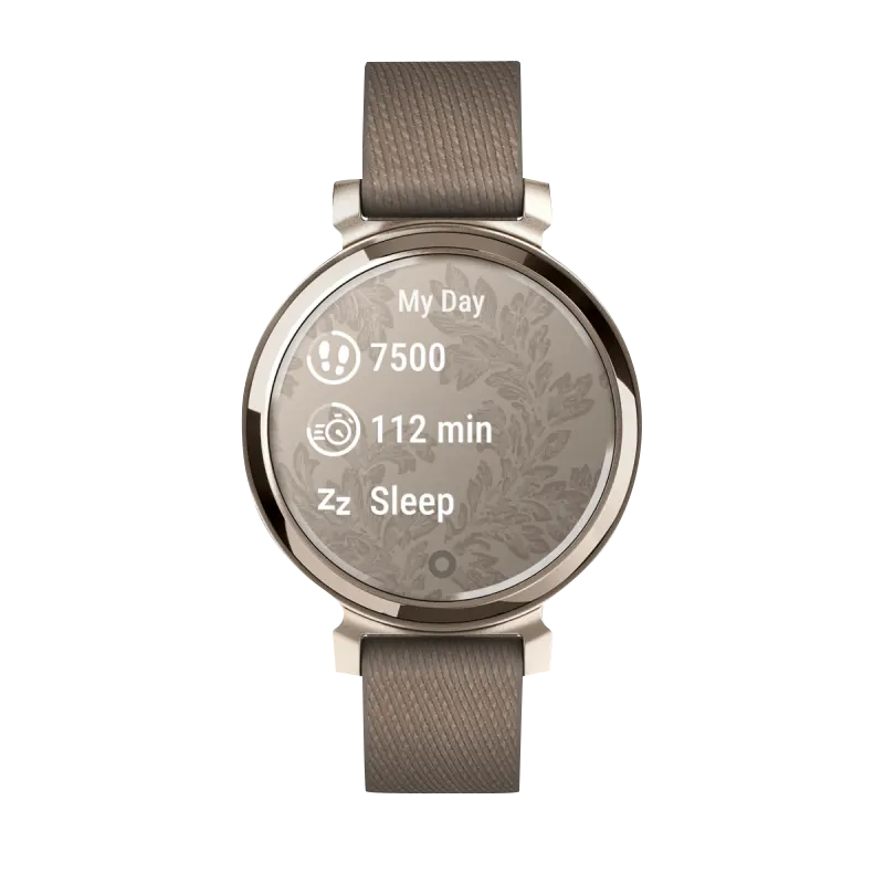 Garmin Lily 2 Classic smartwatch, cream gold case with coffee nylon band, certified refurbished