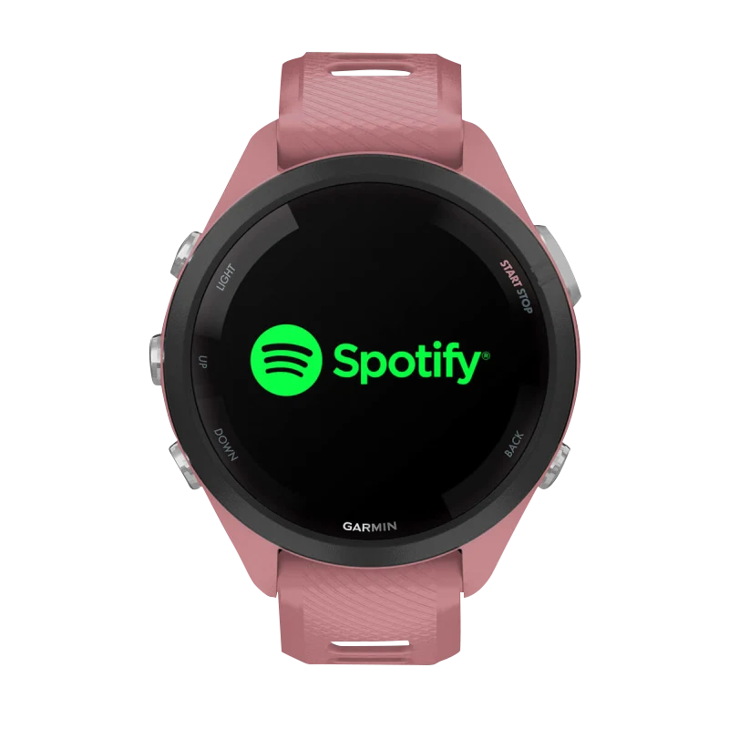 Garmin Forerunner 265S smartwatch, 42 mm black bezel, pink case and pink/Whitestone silicone band; Spotify on screen