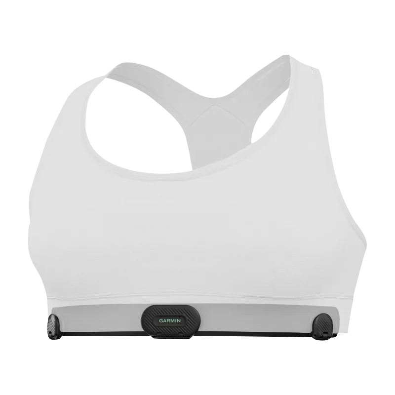 Garmin HRM-Fit heart rate monitor for women, white sports bra with gray chest-strap module and Garmin logo