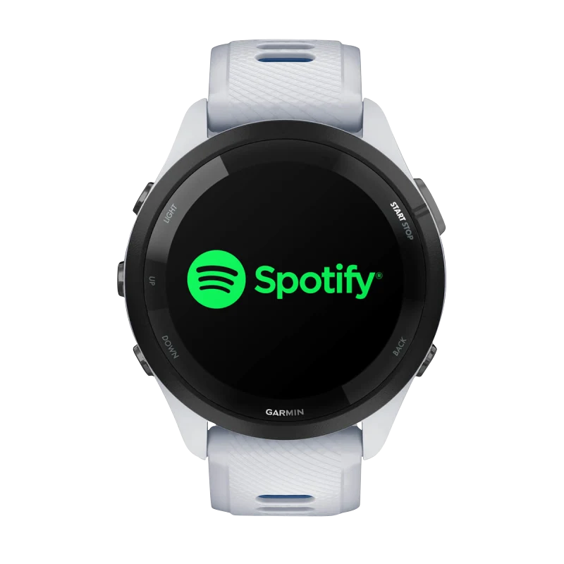 Garmin Forerunner 265 smartwatch, 46 mm with Whitestone case and blue silicone band; Spotify on display