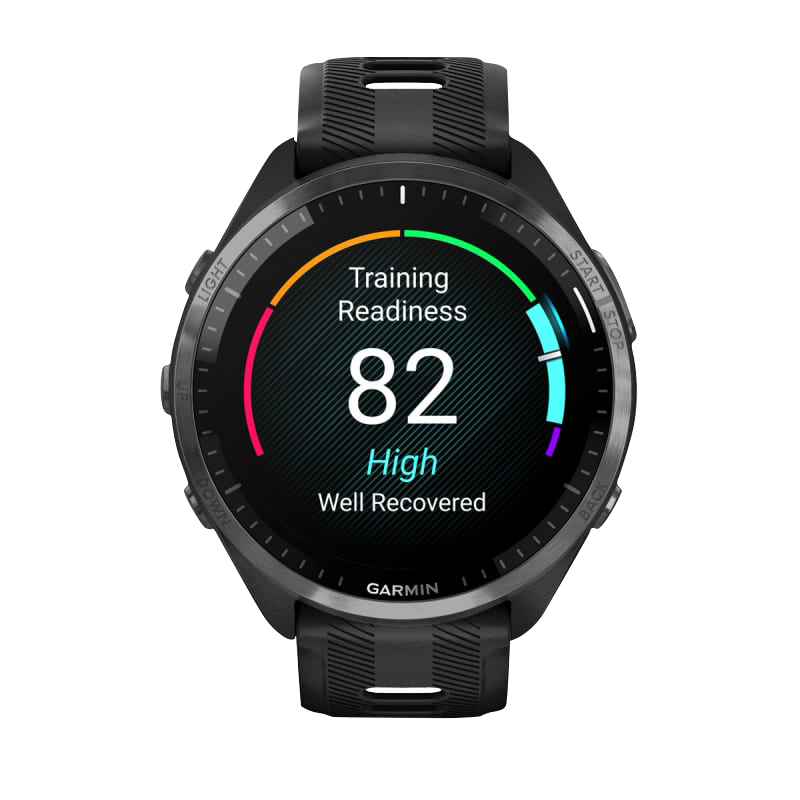 Garmin Forerunner 965 smartwatch with carbon gray DLC titanium bezel and black and powder-gray silicone band