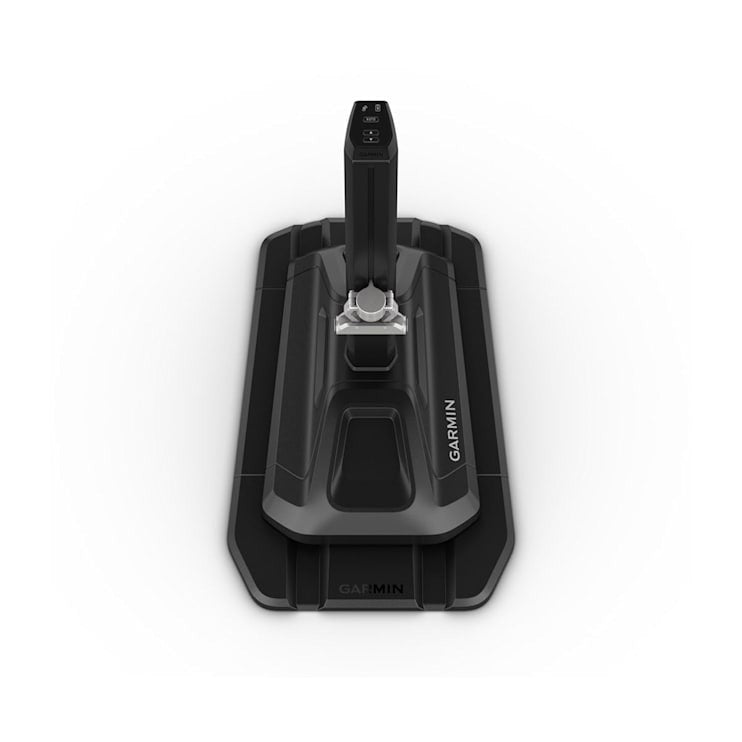 Garmin Tacx Alpine bicycle trainer base with black vertical mount and Garmin logo.