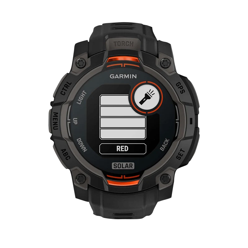 Garmin Instinct 3 Solar 45mm smartwatch with black band and orange accents