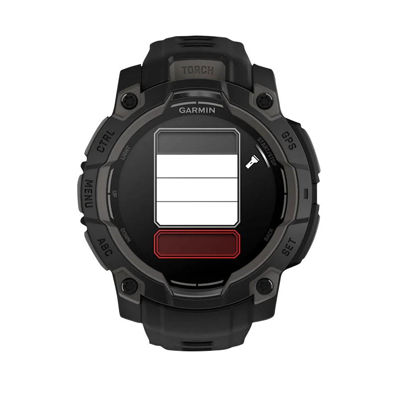 Garmin Instinct 3 AMOLED smartwatch back view, 45mm black case with black band
