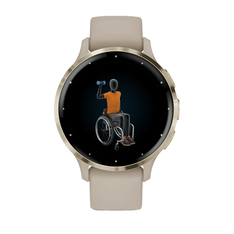 Garmin Venu 3S smartwatch, 41 mm soft gold bezel with French gray case and beige silicone band.