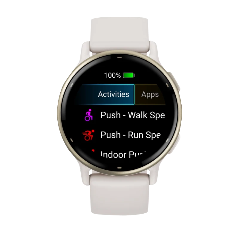 Garmin Vivoactive 5 smartwatch with cream gold aluminum bezel and ivory silicone band