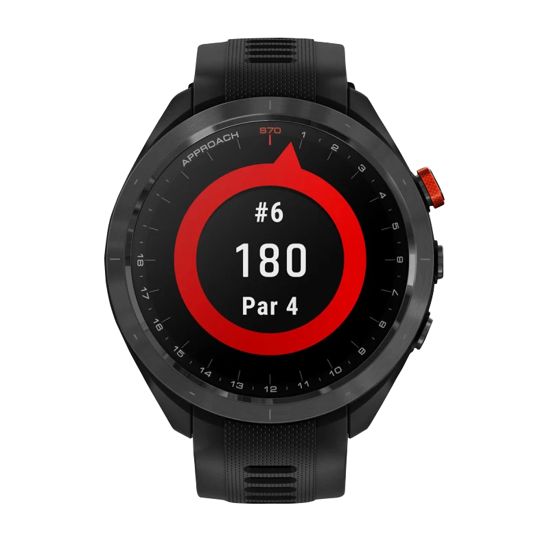 Garmin Approach S70 smartwatch, 47 mm black case with red ceramic bezel and black silicone band
