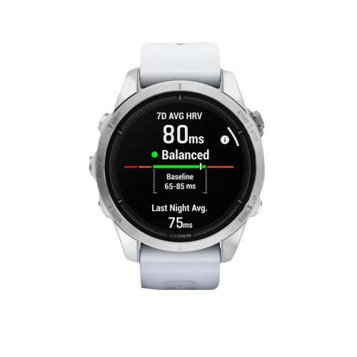 Garmin Epix Pro (Gen 2) 42mm smartwatch with silver case and Whitestone band