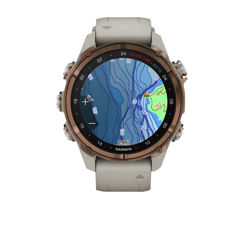 Garmin Descent Mk3i dive computer watch with 43 mm bronze PVD titanium case and French gray silicone band