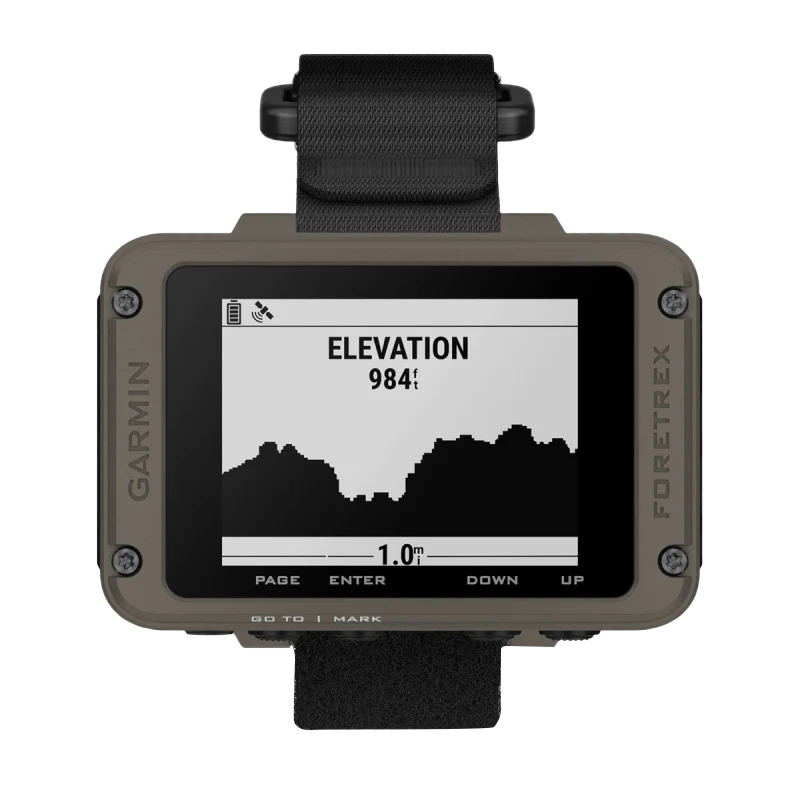 Garmin Foretrex 901 Ballistic Edition wrist GPS navigator with tan rugged case and black strap.